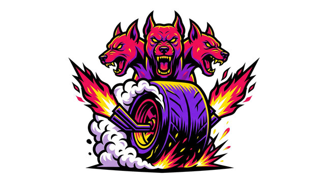 Cerberus Monster with Smoking Drag Tire Vector Emblem for Drag Racing Club and Garage