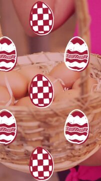 Decorative easter eggs in seamless pattern against woman holding basket full of easter eggs