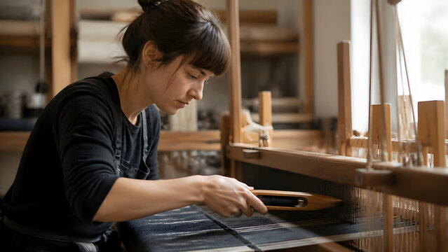 Female artisan weaving fabric with a wooden shuttle on a traditional handloom