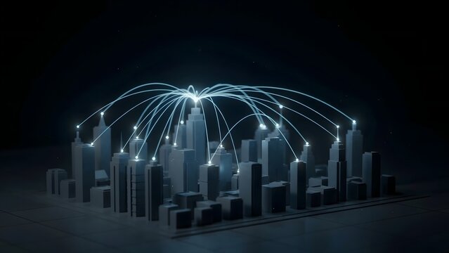 Futuristic 3D power grid web over low-poly city model &ndash; Great for smart city, digital infrastructure, or urban technology visualization.