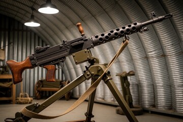 Fototapeta premium Vintage WWII light machine gun sits on metal tripod in dark military hangar. Heavy automatic weapon with wooden stock, ammo belt attachment. Historical military equipment used by army in combat. Old