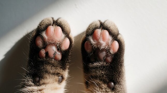 Close up view of cute cat paws with pink pads. Fluffy furry animal feet rest on white surface. Detailed texture of soft fur, claws on domestic pet. Small paws look adorable, cozy in bright morning