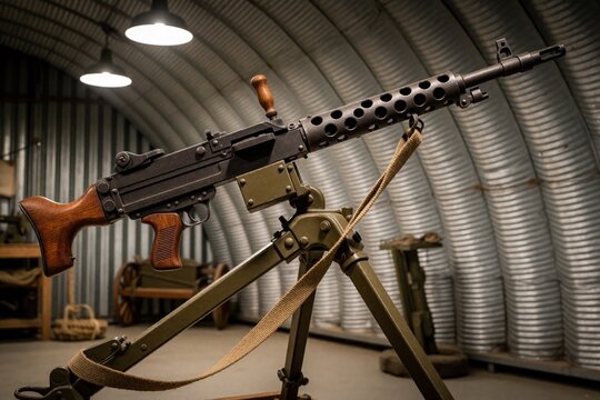 Vintage WWII light machine gun sits on metal tripod in dark military hangar. Heavy automatic weapon with wooden stock, ammo belt attachment. Historical military equipment used by army in combat. Old