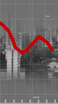 Animation of financial data processing over cityscape