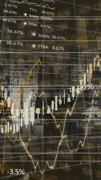 Animation of financial data processing over cityscape