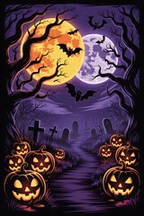 Fototapeta premium Spooky halloween night scene featuring glowing jack o lanterns in a dark cemetery under a full moon