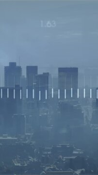 Animation of financial data processing over cityscape