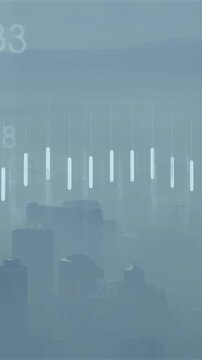 Animation of financial data processing over cityscape
