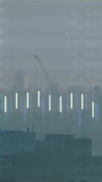 Animation of financial data processing over cityscape