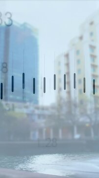 Animation of financial data processing over cityscape