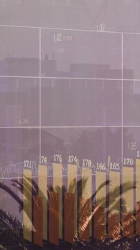 Animation of financial data processing over cityscape