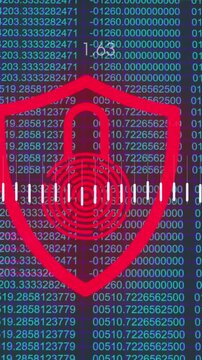 Animation of financial data processing over padlock icon on black background