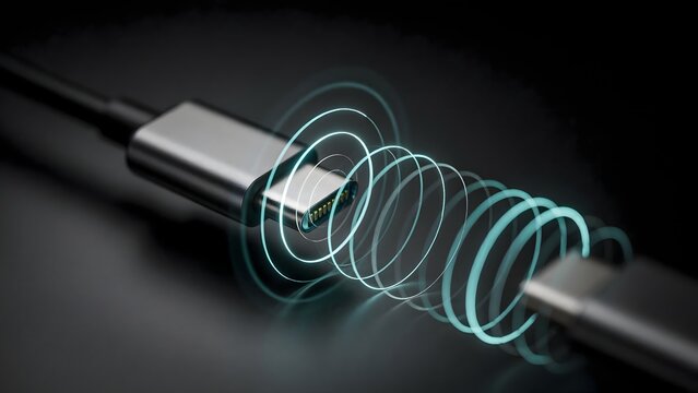 Glowing USB-C connector with concentric energy rings on dark surface &ndash; Suitable for tech hardware, mobile accessories, or fast charging concepts.
