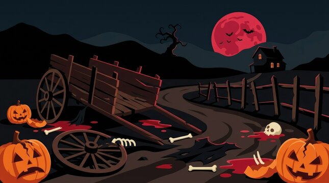 Spooky halloween night scene featuring a rustic wooden wagon with glowing jack o lanterns and moon