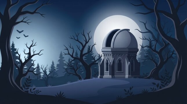 Spooky observatory building in a dark forest under a full moon for a creepy halloween night scene