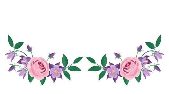 Floral arrangement features pink roses and purple flowers isolated.