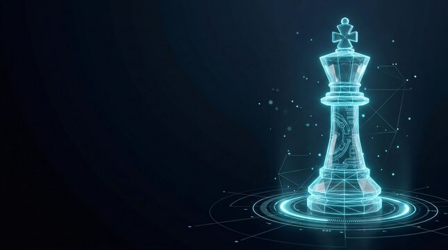 Abstract digital chess king piece hologram with glowing light particles hologram technology strategy wireframe abstract futuristic visualization particle