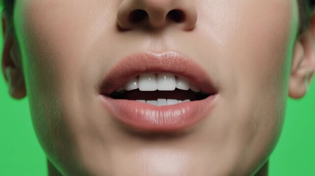 Woman's mouth forming various vowel sounds and expressions with subtle lip movement against a vibrant green screen background