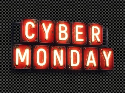 Cyber monday sign made of glowing vintage nixie tube displays isolated on a dark transparent background