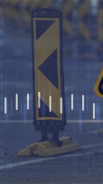 Animation of financial data processing over road sign and road