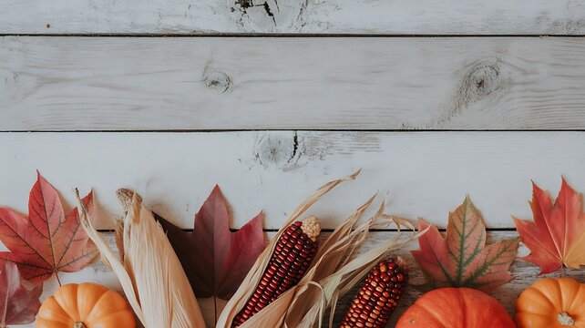 Autumn harvest of colorful gourds and pumpkins arranged on a rustic white surface