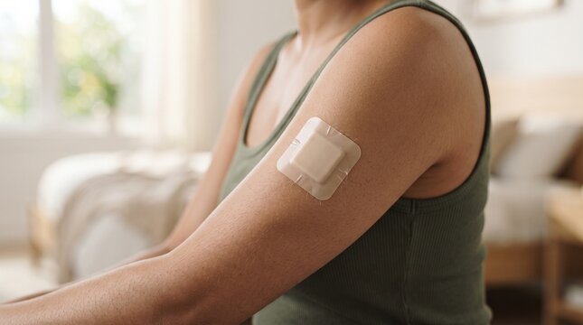 Woman demonstrating contraceptive patch on her bare shoulder, close-up &ndash; World Contraception Day