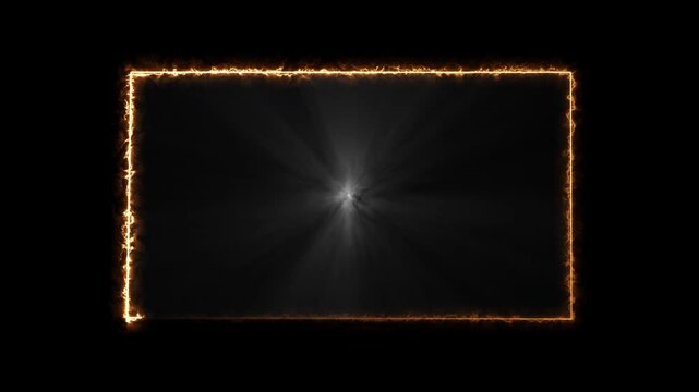 Bright White Lens Flare Burst with Glowing Orange Border Lines on Black Background.