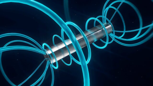 Neodymium magnet with glowing magnetic field lines in dark lab &ndash; Suitable for science research, physics concept, or magnetic field visualization.