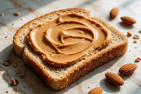 Single slice of whole grain bread topped with creamy peanut butter. Nutty spread on toasted bread slice with whole almonds on marble surface. Healthy breakfast snack protein rich food for diet. Close
