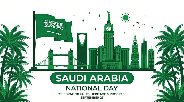 Saudi Arabia National Day banner with Saudi flag, Riyadh skyline, landmark silhouette, palm trees, and September 23 text vector illustration