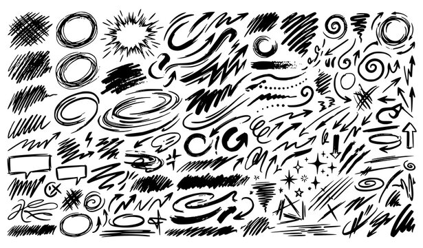 Hand drawn graphic element bundle featuring scribbles arrows swirls speech bubbles bursts and sketchy pencil marks for design