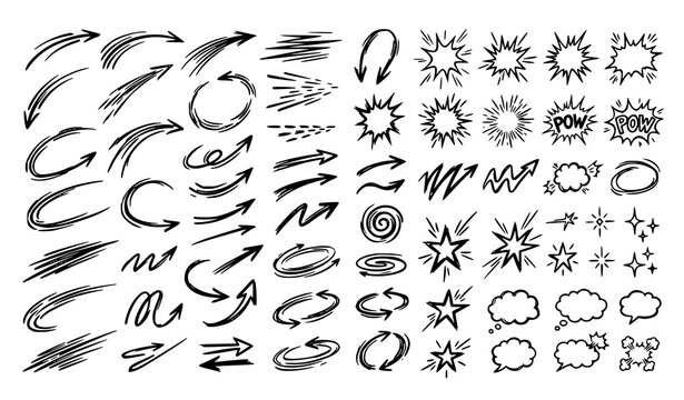 Hand drawn action element set featuring motion arrows speed lines comic burst stars swirls and speech bubbles for design