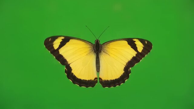 Yellow butterflies with black markings flutter wings on a vibrant green background in a repeating pattern