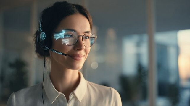 Professional customer support agent using advanced augmented reality interface for efficient communication and real time data processing with digital interface projection