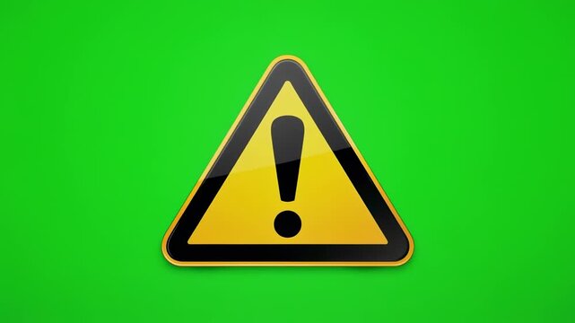 Yellow caution triangle symbol with exclamation mark animates with glowing effect on a green screen background