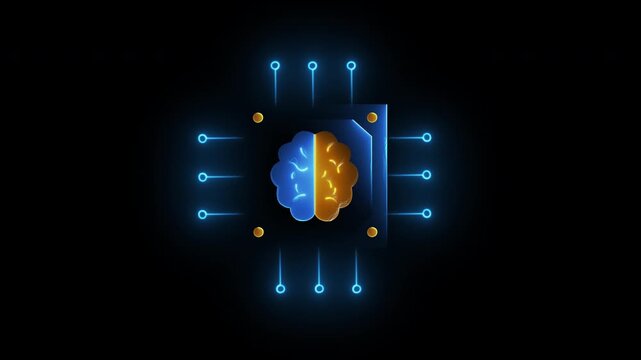 Futuristic artificial intelligence brain with blue and orange neural circuit animation on transparent background