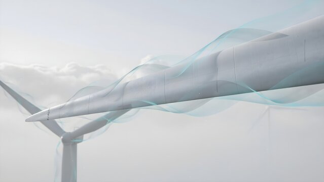 Coastal wind farm with flowing translucent airflow streams &ndash; Great for renewable energy, wind turbines, or clean power generation.