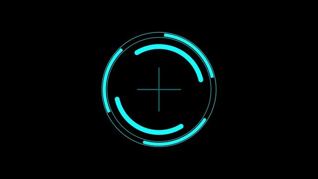 Futuristic Cyan Neon HUD Target Crosshair Interface Element on Black Background.
