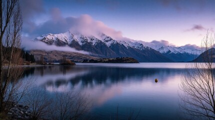Fototapeta premium Snow capped mountains rise above calm lake at twilight near Queenstown. Reflections shimmer on water surface, with clouds drifting around peaks. Bare trees frame serene natural panorama, hinting at