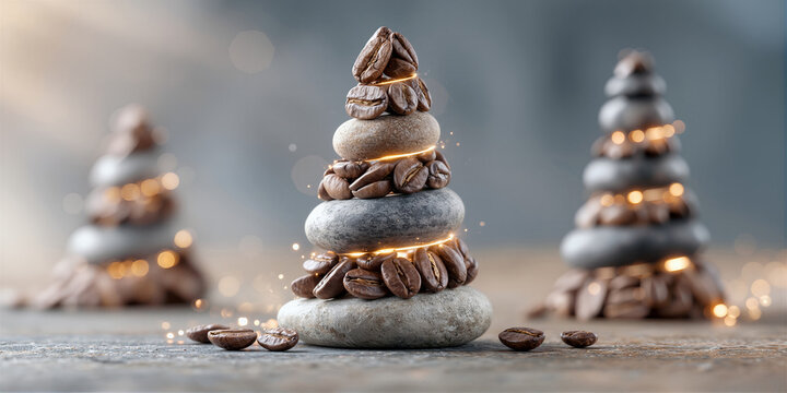 Sophisticated arrangement of roasted coffee beans in pyramid with radiant circles and smooth stones