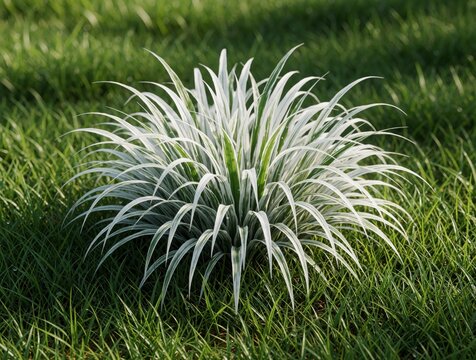 Variegated Cynodon dactylon grass grows in green lawn. White, green Bermuda grass plant grows outdoors in sunny garden. Perennial herb used in traditional medicine, ayurvedic treatment. Close up of