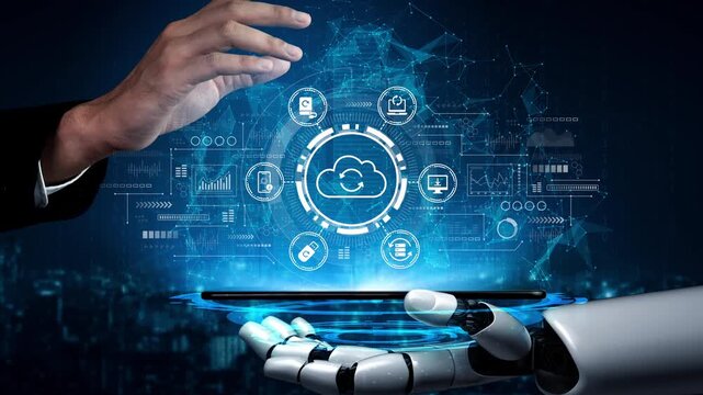 Modern Business Technology and Automation Concept Featuring Robotic Hand Interacting with Digital Cloud and Data Icons in Futuristic Setting. Entropy.