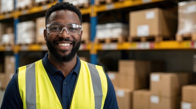 Smiling man wears safety glasses and high-vis vest in warehouse. He works among shelves filled with cardboard boxes. This portrait shows a happy worker in logistics.