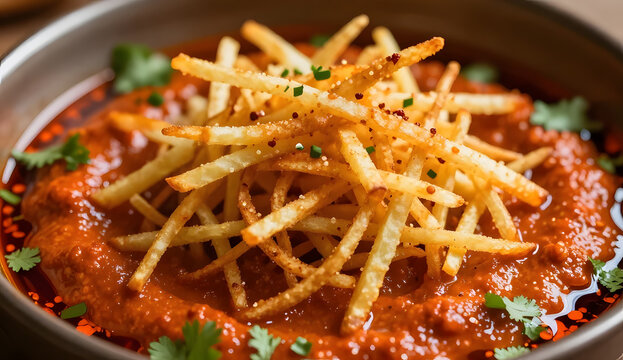 Harissa dip topped with a delicate nest of crispy potato threads, vivid red-orange sauce barely visible underneath the golden nest, coriander and chili oil around the edges, extreme macro camera view