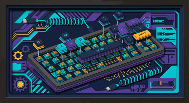 Cyberpunk Mechanical Keyboard Art - Retro Futuristic Tech Design