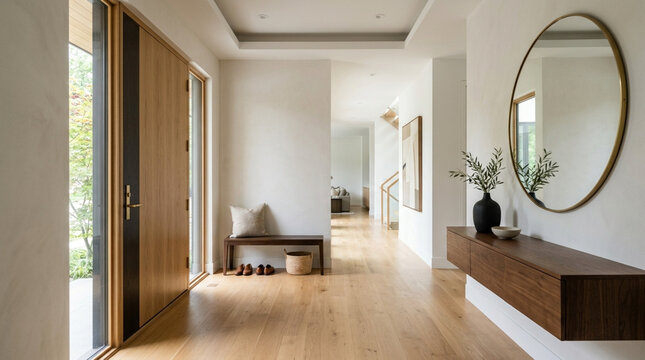 Modern Entryway Hallway | Natural Wood, Minimalist Design, Warm Lighting