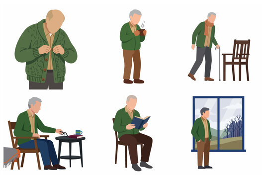 Elderly man daily routine character set, senior citizen lifestyle activities, flat vector illustration