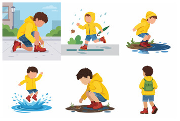 Set of little boy characters in yellow raincoat playing outdoors in rainy weather, splashing in puddles and exploring nature vector illustration.