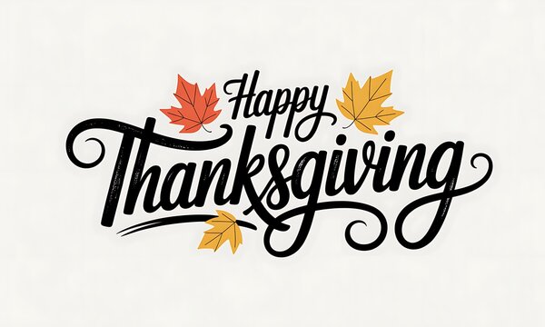 Happy thanksgiving lettering with colorful autumn leaves on a light gray background