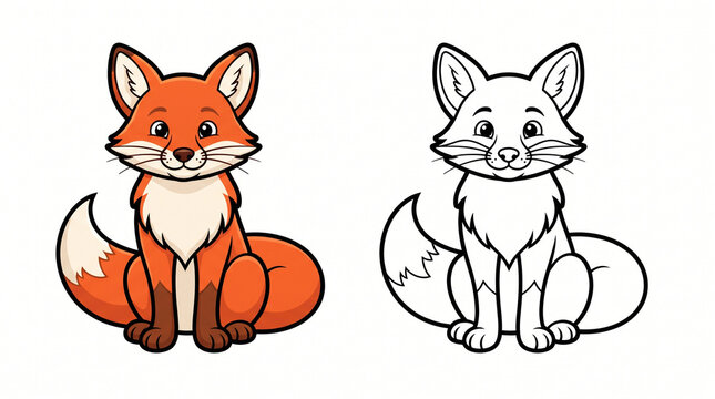 Two Identical Big Fox Illustrations &ndash; Colorful and Black-and-White Vector Set